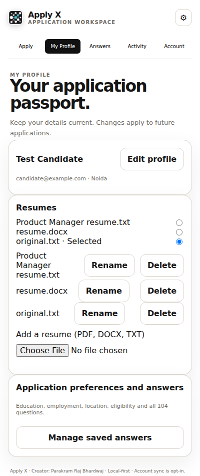 Apply X profile screen with resume selection and saved answers